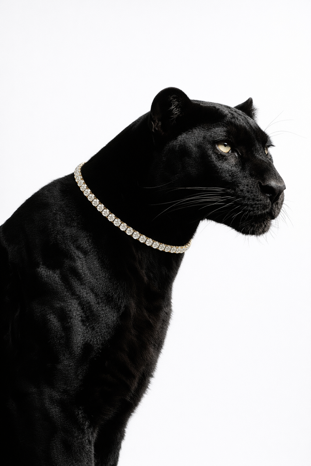 Editorial portrait — black panther wearing a diamond necklace